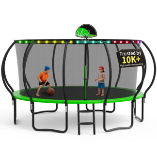 KOFUN Trampoline, 15FT Trampoline for Kids and Adult, Trampoline with Safety Enclosure Net, Light, Ladder, Basketball Hoop, Outdoor Trampoline, 1500LBS Weight Capacity, No Gap Design