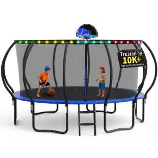 KOFUN Trampoline, 15FT Trampoline for Kids and Adult, Trampoline with Safety Enclosure Net, Light, Ladder, Basketball Hoop, Outdoor Trampoline, 1500LBS Weight Capacity, No Gap Design