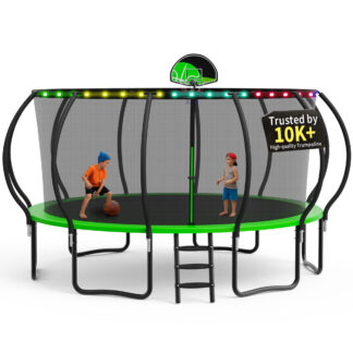 KOFUN Trampoline, 16FT Trampoline for Kids and Adult, Trampoline with Safety Enclosure Net, Light, Ladder, Basketball Hoop, Outdoor Trampoline, 1500LBS Weight Capacity, No Gap Design