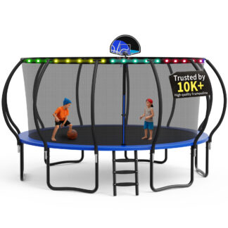 " KOFUN Trampoline, 16FT Trampoline for Kids and Adult, Trampoline with Safety Enclosure Net, Light, Ladder, Basketball Hoop, Outdoor Trampoline, 1500LBS Weight Capacity, No Gap Design"