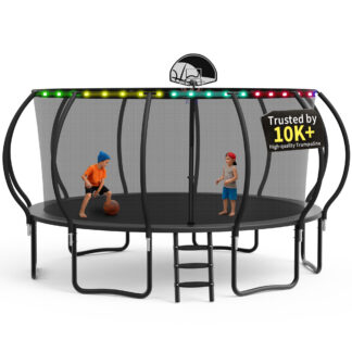 KOFUN Trampoline, 16FT Trampoline for Kids and Adult, Trampoline with Safety Enclosure Net, Light, Ladder, Basketball Hoop, Outdoor Trampoline, 1500LBS Weight Capacity, No Gap Design