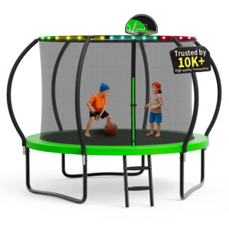 KOFUN Trampoline, 10FT 1000LBS Trampoline for Adults and Kids, Curved Pole Trampoline with Enclosure Net, Light, Basketball Hoop, Backyard Outdoor Recreational 10FT Trampoline