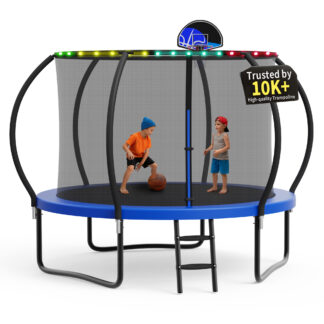 KOFUN Trampoline, 10FT 1000LBS Trampoline for Adults and Kids, Curved Pole Trampoline with Enclosure Net, Light, Basketball Hoop, Backyard Outdoor Recreational 10FT Trampoline
