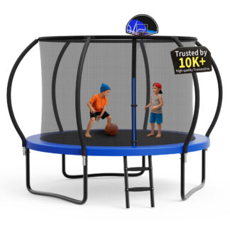 KOFUN Trampoline, 10FT 1000LBS Trampoline for Adults and Kids, Curved Pole Trampoline with Enclosure Net, Basketball Hoop, Backyard Outdoor Recreational 10FT Trampoline