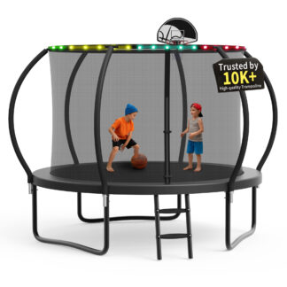 KOFUN Trampoline, 10FT 1000LBS Trampoline for Adults and Kids, Curved Pole Trampoline with Enclosure Net, Light, Basketball Hoop, Backyard Outdoor Recreational 10FT Trampoline