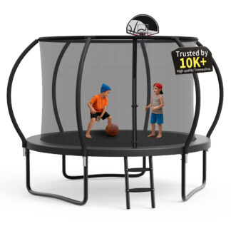KOFUN Trampoline, 10FT 1000LBS Trampoline for Adults and Kids, Curved Pole Trampoline with Enclosure Net, Basketball Hoop, Backyard Outdoor Recreational 10FT Trampoline