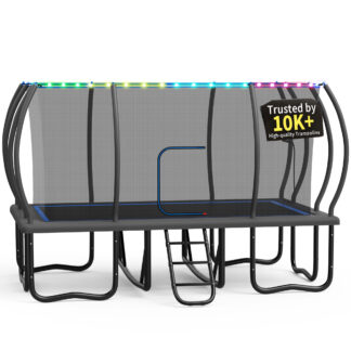 KOFUN Rectangle Trampoline, 10X17FT Rectangle Trampoline with Enclosure Net, Light and Ladder, 2000LBS Heavy Duty Rectangular Trampolines for Adults Kids, Big Outdoor Rectangle Trampoline